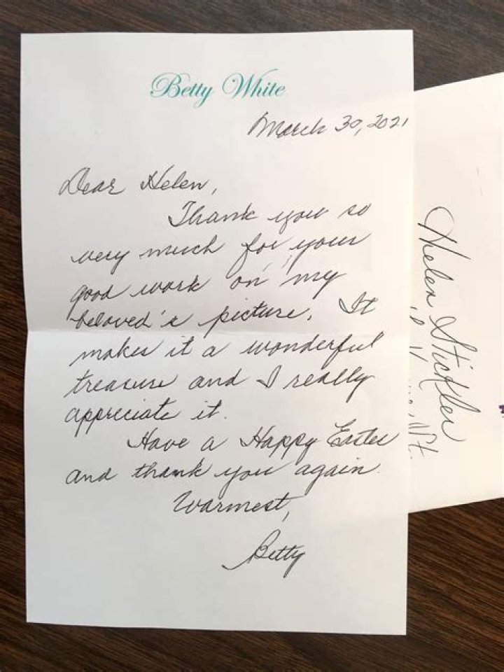 Designer Helen Stickler shares Betty White handwritten thank you note