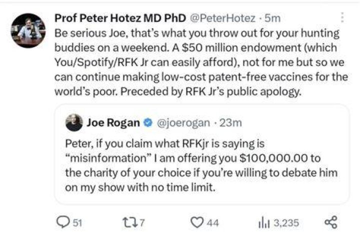 Joe Rogan challenges Dr. Peter Hotez to debate anti-vaxxer RFK Jr. on his podcast
