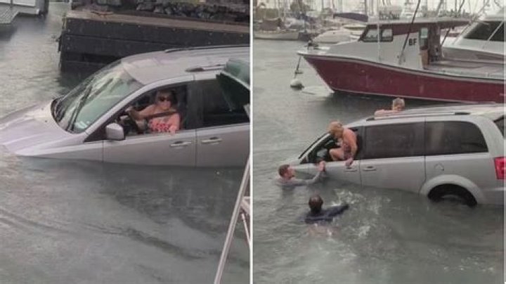 Moment woman drives into Pacific Ocean during police chase