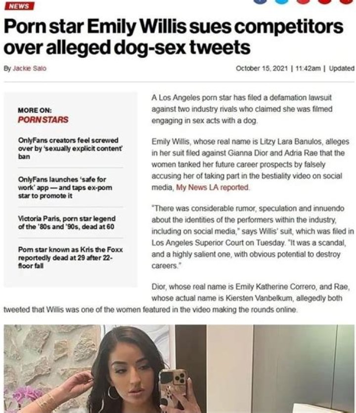 Porn star Emily Willis sues over alleged dog-sex tweets