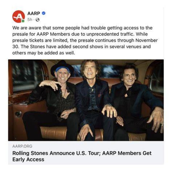 Rolling Stones tour presale crashes AARP site