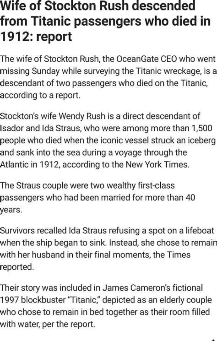 Stockton Rush's wife descended from Titanic passengers Isador and Ida Strass: report